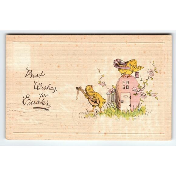 Vintage Easter Postcard with Cute Baby Chicks & Musical Theme Mandolin Guitar - Picture 1 of 2